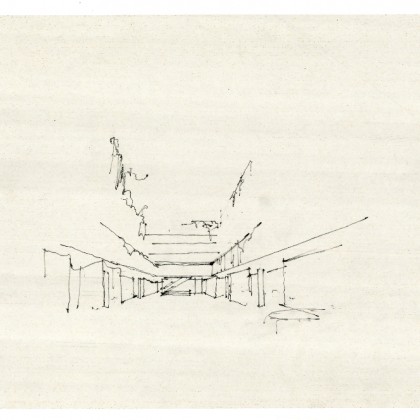 Alvar Aallon kilpailuehdotus ”Casa” voitti Rautatalon suunnittelukilpailun 1951. Perspektiiviluonnos ”Marmoripihasta”. © Alvar Aalto -säätiö, Alvar Aalto -museo.