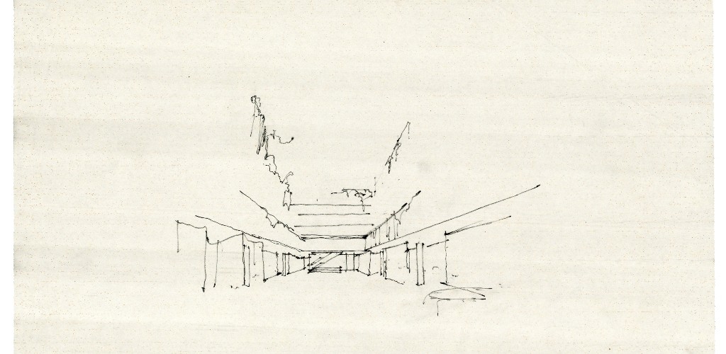 Alvar Aallon kilpailuehdotus ”Casa” voitti Rautatalon suunnittelukilpailun 1951. Perspektiiviluonnos ”Marmoripihasta”. © Alvar Aalto -säätiö, Alvar Aalto -museo.