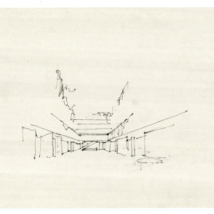 Alvar Aallon kilpailuehdotus ”Casa” voitti Rautatalon suunnittelukilpailun 1951. Perspektiiviluonnos ”Marmoripihasta”. © Alvar Aalto -säätiö, Alvar Aalto -museo.